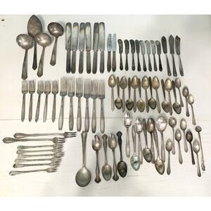 Lot of 76 Vtg Antique Silverplate Mixed Flatware Spoons/Forks/Knives/Serving